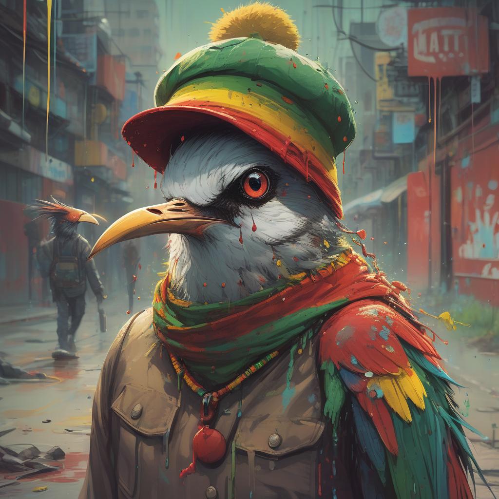  birds wearing a rasta hat ! large glossy eyes; speedpaint with large brush strokes by junji ito; robert oxley! ismail inceoglu; gazelli; m.w. kaluta; richard anderson; paint splatter; paint drips; drip painting; a masterpiece; 8k resolution; trending on art station; maximalist; uncanny; highly detailed and intricate