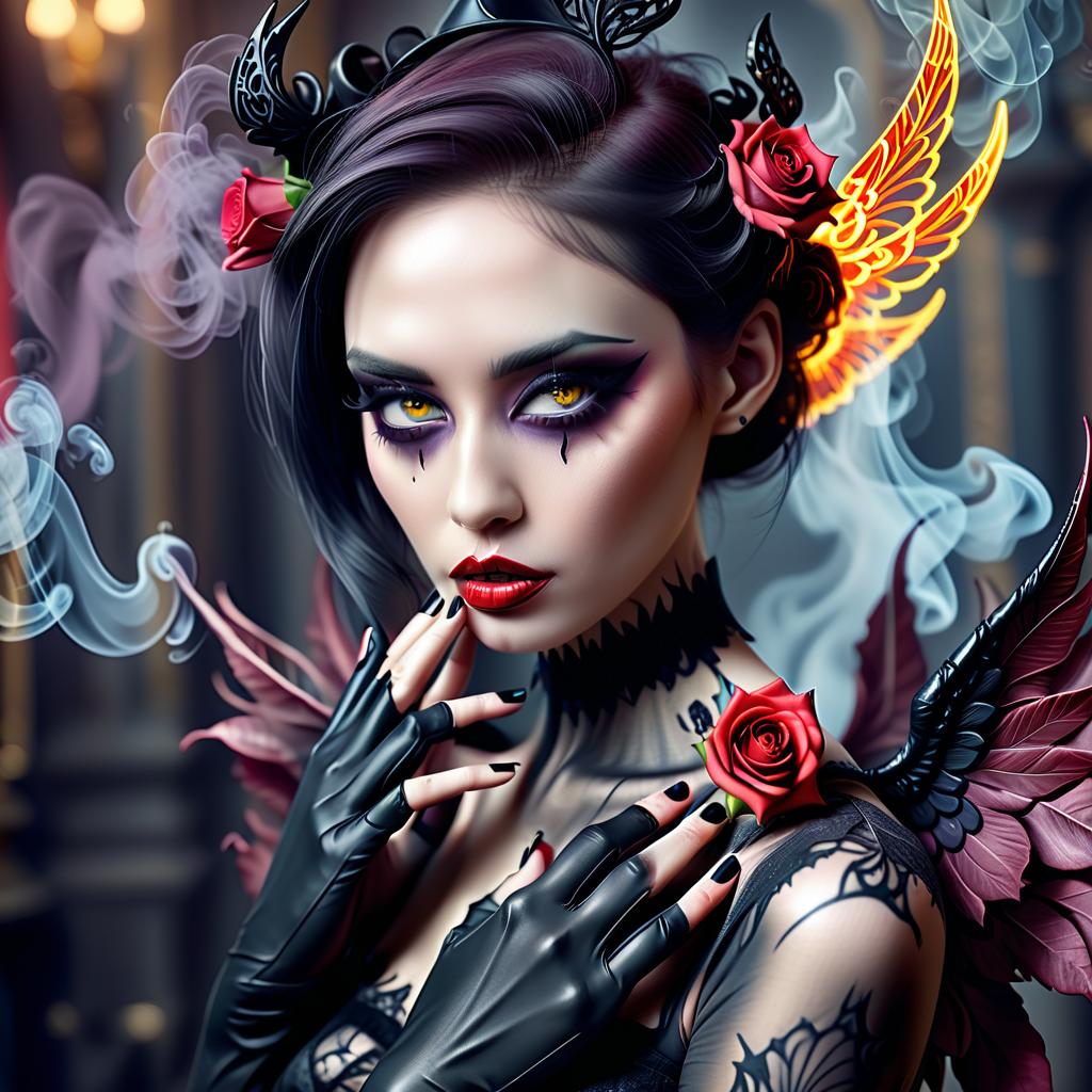  fashion editorial style dark fantasy, horror. surrealism is grotesque, a gothic vamp girl with wings, an emphasis on eyes and lips. fractal background fire, hands, gloves, roses, smoke, body art style, high quality details, best quality,cool2 8k,ultra hd . high fashion, trendy, stylish, editorial, magazine style, professional, highly detailed, perfecteyes, hkmagic, glowneon