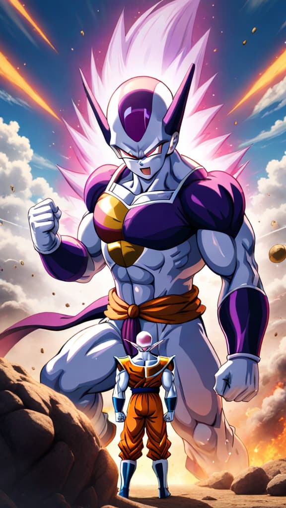  an anime image depicting the z fighters exhausted, facing frieza's imminent destruction of namek. hyperrealistic, full body, detailed clothing, highly detailed, cinematic lighting, stunningly beautiful, intricate, sharp focus, f/1. 8, 85mm, (centered image composition), (professionally color graded), ((bright soft diffused light)), volumetric fog, trending on instagram, trending on tumblr, HDR 4K, 8K