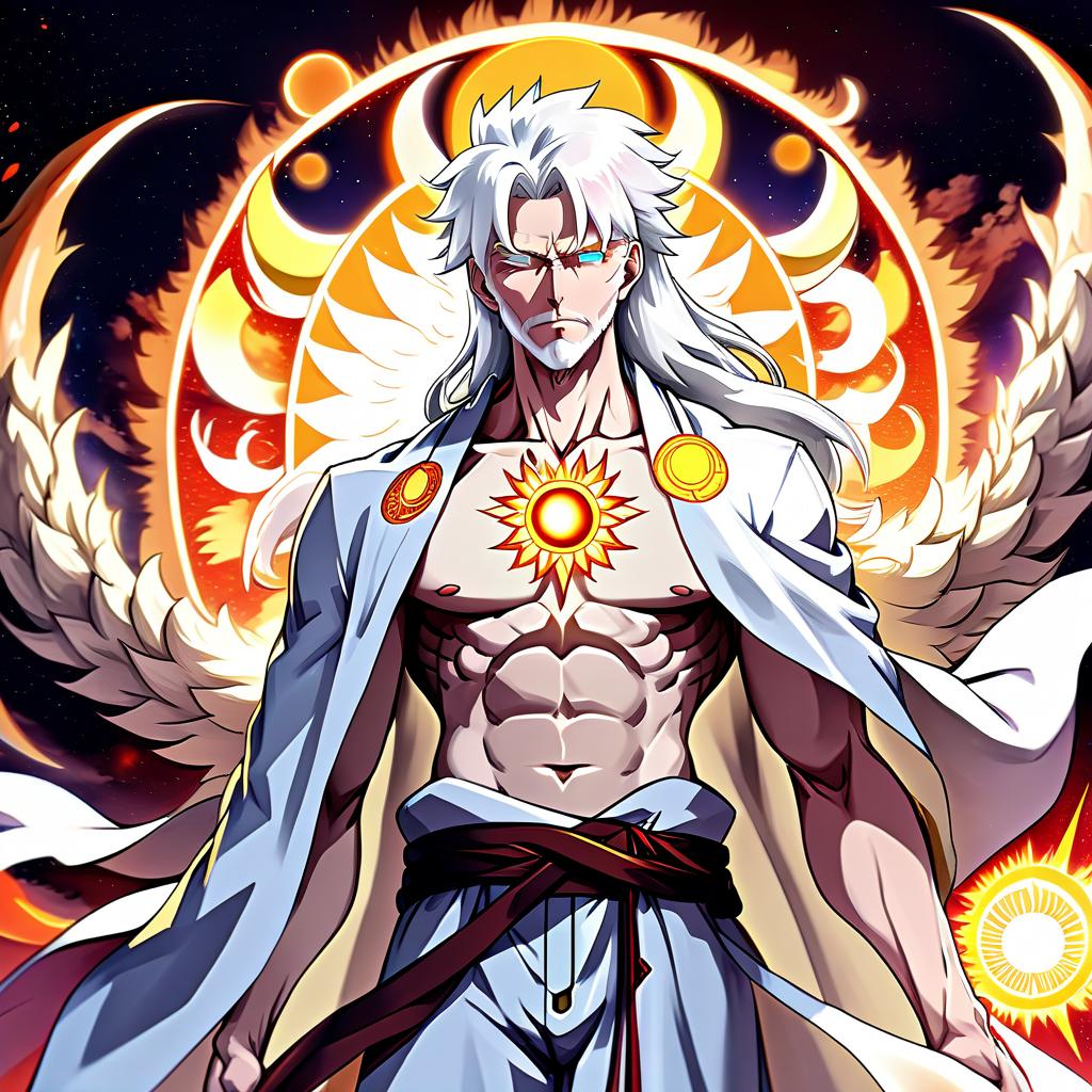  anime artwork man, white haired, tall, sullen, divine robe, god of the sun and moon, middle aged, pumped body, pale skin . anime style, key visual, vibrant, studio anime, highly detailed