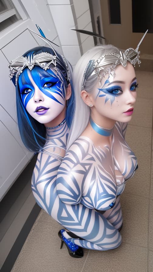  Blue and silver Spider-patterned body paint in every corner of the whole body, full-body, White body paint,Silver face paint on the face,Two succubuses 女性