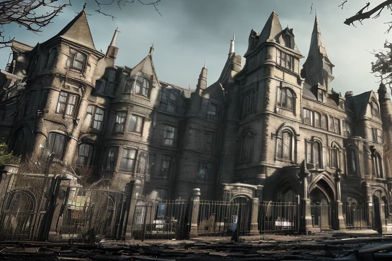 redshift style Arkham Asylum* Create a street view image of Arkham Asylum's entrance, showcasing its imposing gothic architecture, iron gates, and eerie atmosphere.