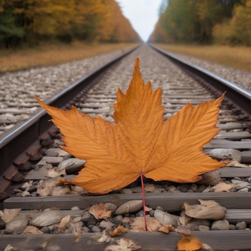  a large autumn maple leaf lies on a railroad track. the wooden sleepers are old.