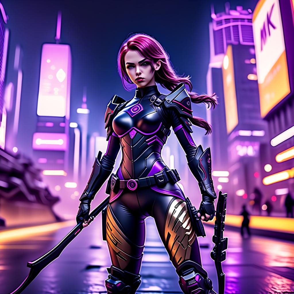  cinematic photo skater slender girl archer of the future, in fashionable elite black steep armor, fully armed with a combat arsenal, stands in a calm posture, european appearance light skin, (eye color dark purple with golden veins: 1 / 3), (hair color dark red with purple: 1 / 2) 3d,hdt,ultra hd,hdr+,4k resolution, maximalism, realism, mitech agent, biomechanism, cyborgization, art, fantasy, both desktop wallpapers, cyberpunk detailing, in the background city of the future . 35mm photograph, film, bokeh, professional, 4k, highly detailed, hkmagic, perfecteyes