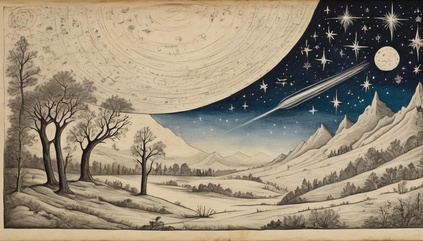  on parchment, surrealism++, night sky filled with constellations, shooting stars, a single bright comet streaking, serene yet dynamic, astronomical precision(mysterious, provocative, symbolic)++