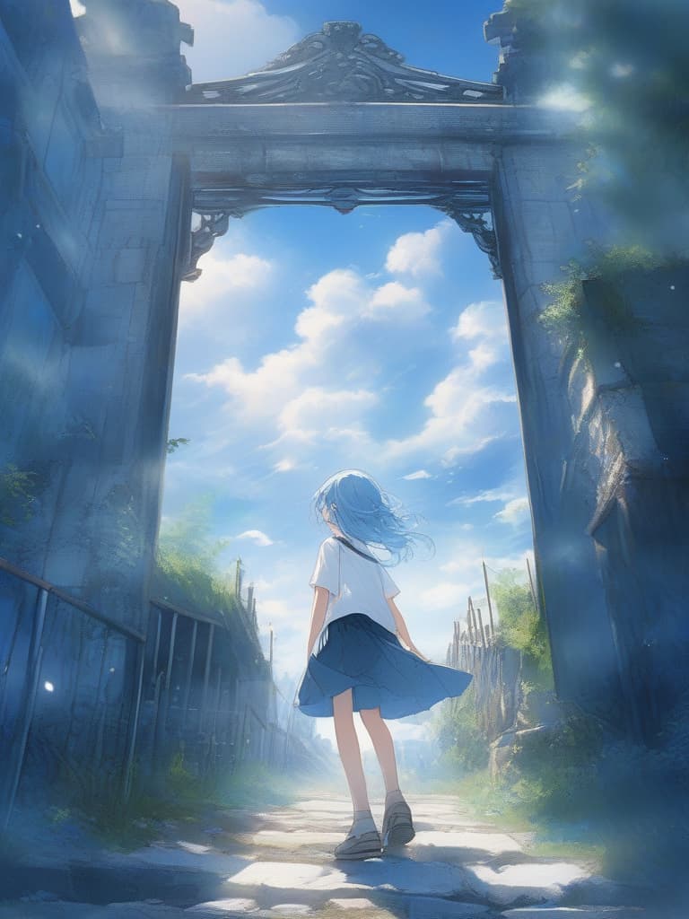  white shirts, blue haired shorts, black skirts, blue eyes, girls, above the blue sky, small white corners, girls crying alone, shortcut, masterpiece, best quality,8k,ultra detailed,high resolution,an extremely delicate and beautiful,hyper detail