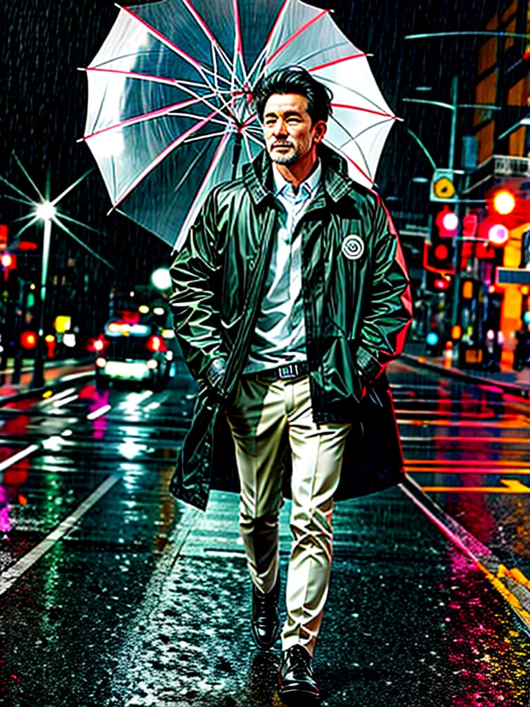  a handsome middle aged man wearing a raincoat and holding an umbrella struggled to go to work despite the typhoon and heavy rain, with cars and objects around him flying in the sky by the wind hyperrealistic, full body, detailed clothing, highly detailed, cinematic lighting, stunningly beautiful, intricate, sharp focus, f/1. 8, 85mm, (centered image composition), (professionally color graded), ((bright soft diffused light)), volumetric fog, trending on instagram, trending on tumblr, HDR 4K, 8K