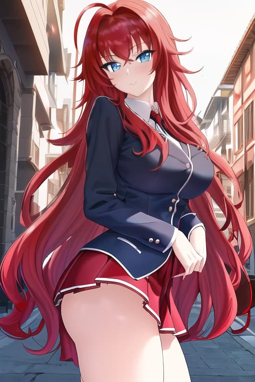  masterpiece, best quality, 1women, long red hair, looking at viewer, :3, cute, black school uniform, outdoors, streets, cowboy shot, curvy, (((blue eyes))), rias gremory, red hair, antenna hair, wavy hair, ((beautiful detailed eyes, beautiful detailed glow, lots of glow)), anime screencap