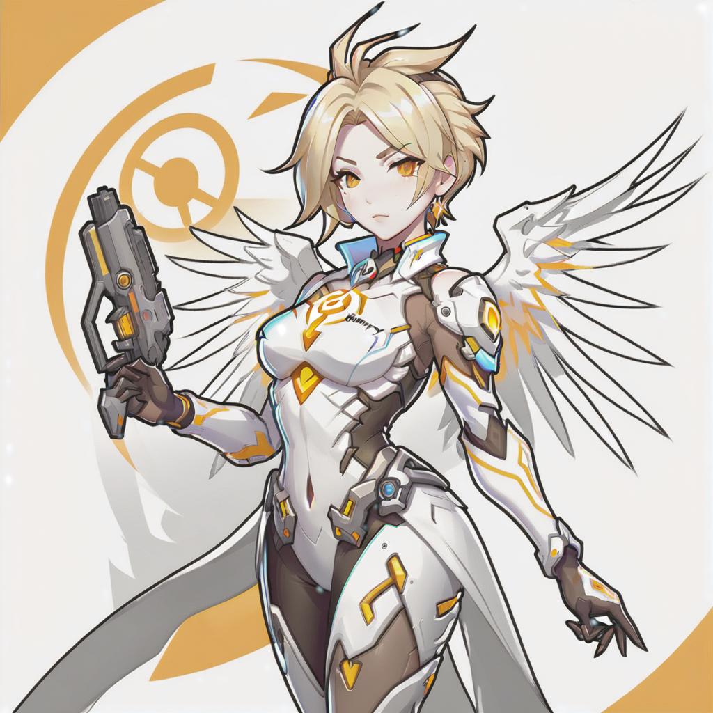  line art drawing girl cosplay mercy overwatch, same nightmare. anime style . professional, sleek, modern, minimalist, graphic, line art, vector graphics