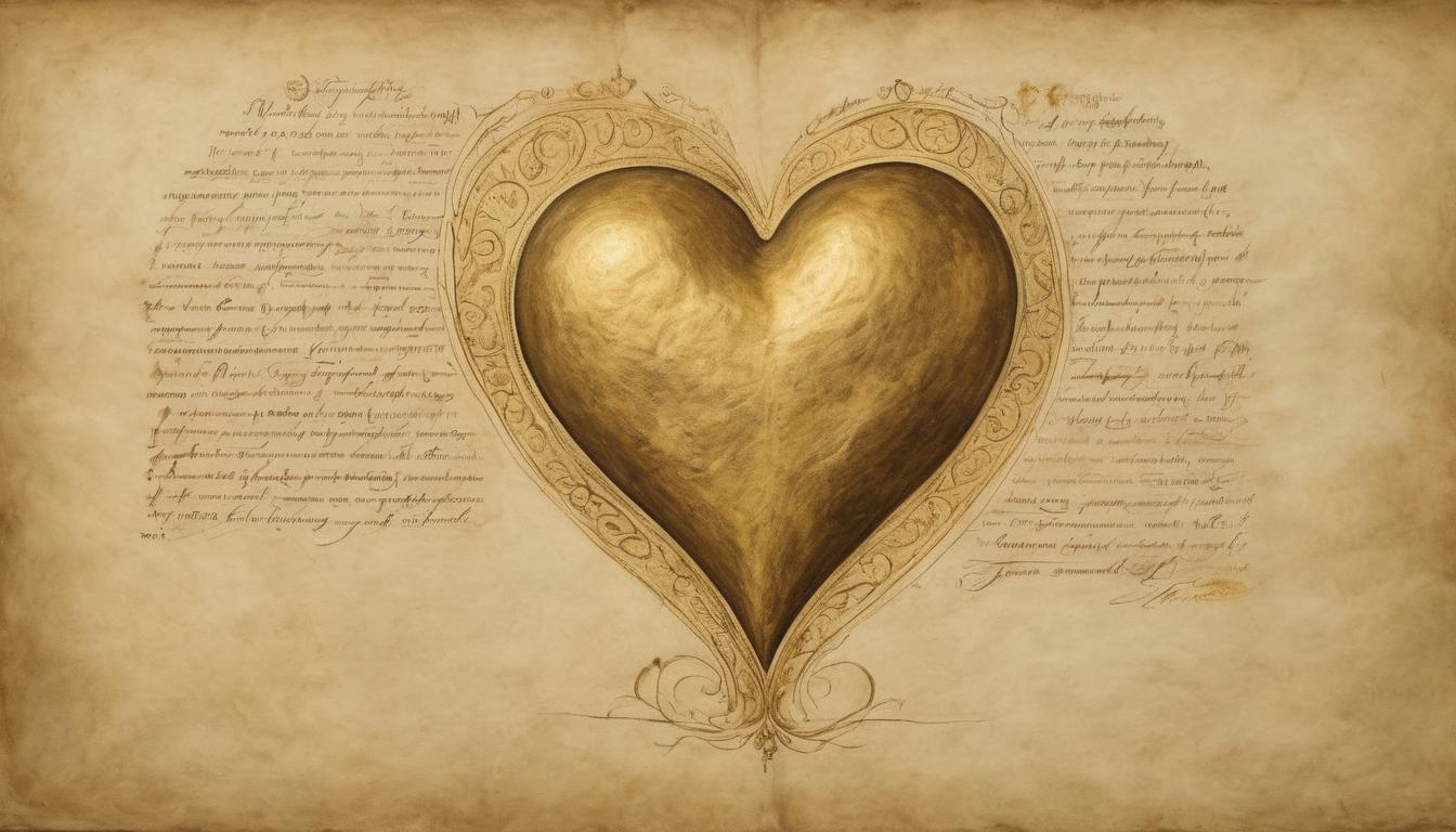  on parchment, surrealism++, a heart radiating golden light, delicate hands cupping it gently, symbolizing nurturing and dedication(mysterious, provocative, symbolic)++