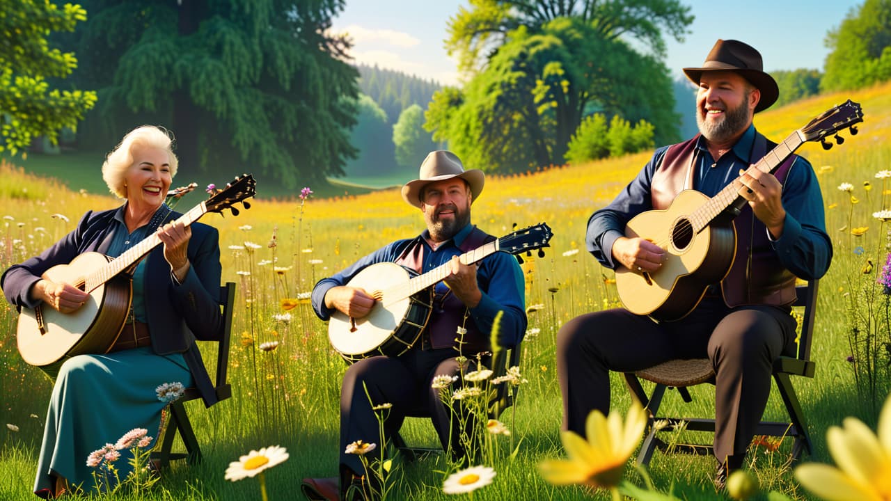  a rustic scene featuring a diverse group of musicians playing traditional instruments like banjos, fiddles, and accordions in a sunlit meadow, surrounded by vibrant wildflowers and an audience of various ages enjoying the lively performance. hyperrealistic, full body, detailed clothing, highly detailed, cinematic lighting, stunningly beautiful, intricate, sharp focus, f/1. 8, 85mm, (centered image composition), (professionally color graded), ((bright soft diffused light)), volumetric fog, trending on instagram, trending on tumblr, HDR 4K, 8K