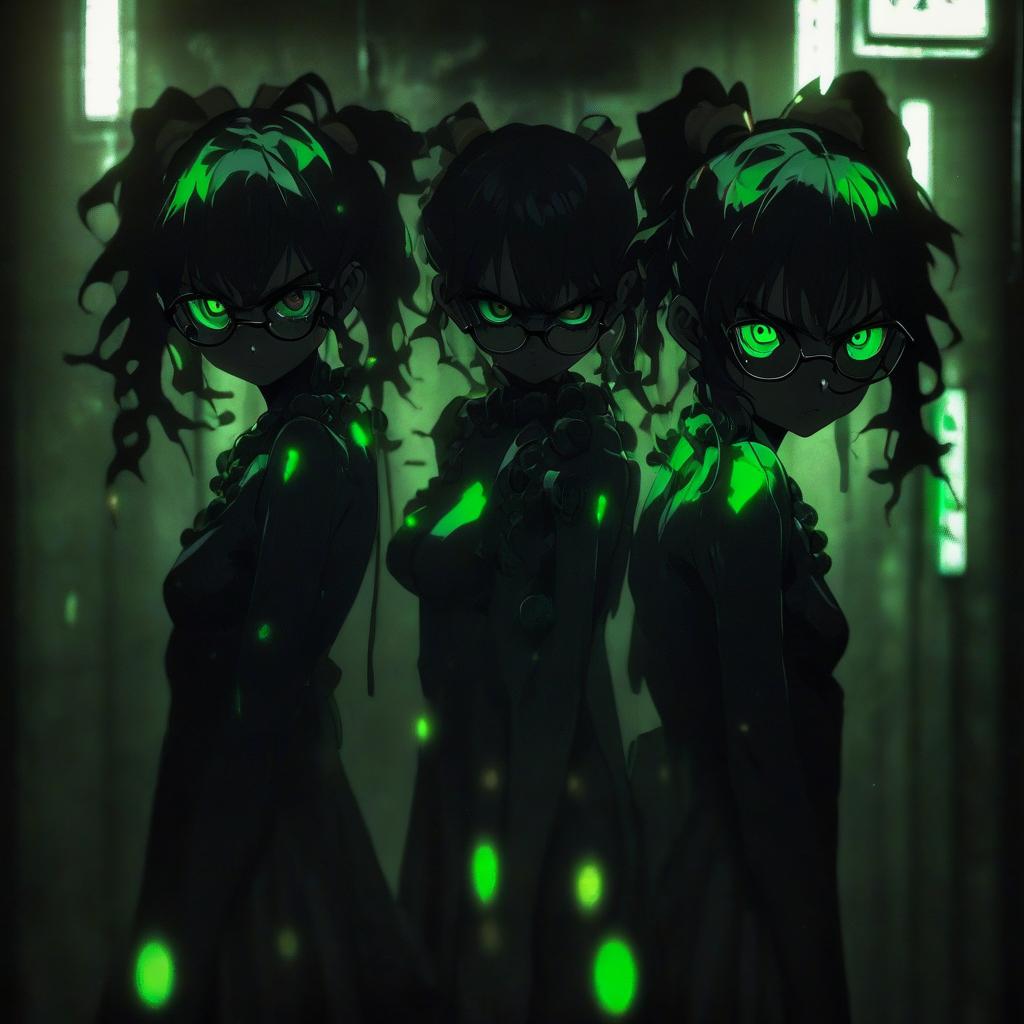  hdr photo of a couple of anime girls standing next to each other, very dark with green lights, with haunted eyes and glasses, darkart, beautiful gemini twins portrait, very dark environment, shadows of zombies, ((sharp focus)), identical picture, dark enclosed . high dynamic range, vivid, rich details, clear shadows and highlights, realistic, intense, enhanced contrast, highly detailed, hkmagic, film photography style