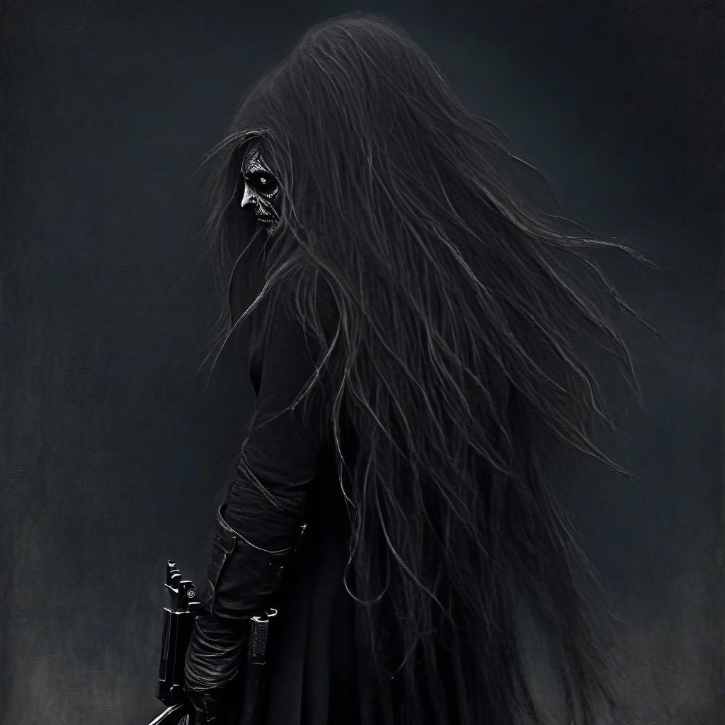  macabre style a female thief with long hair behind her back, with a wick gun in her hand, full length. . dark, gothic, grim, haunting, highly detailed, perfecteyes, perfect hands