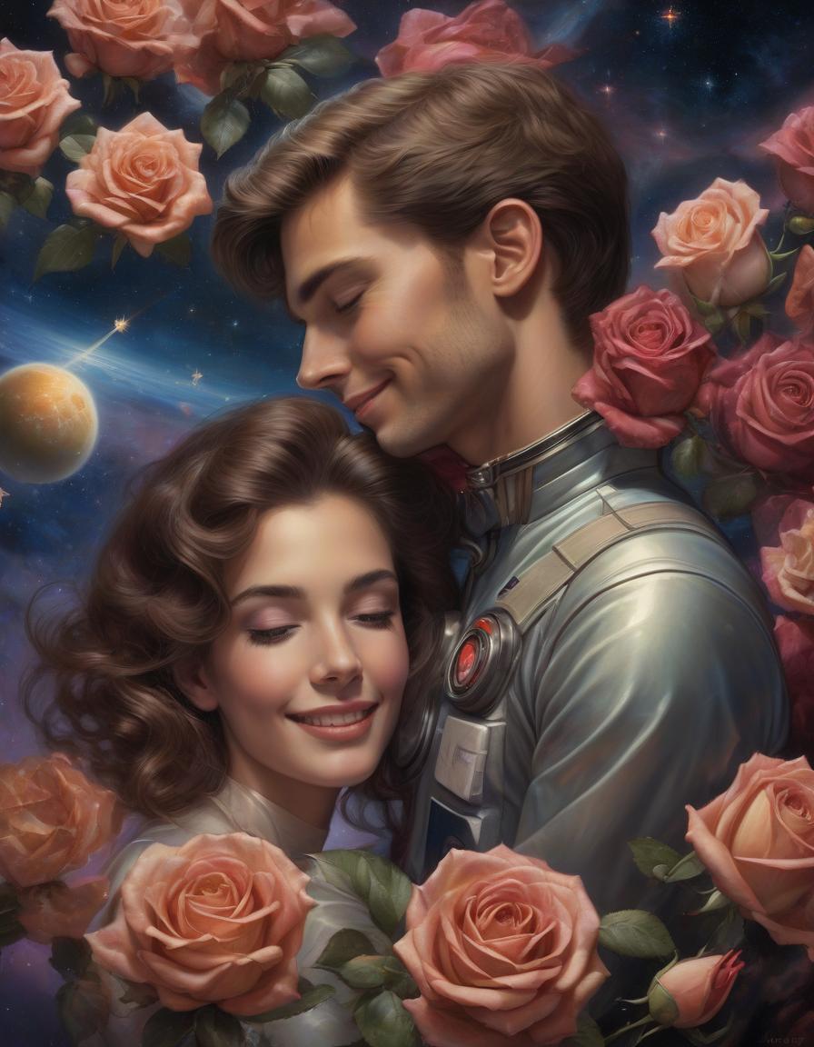  space themed portrait of a beautiful young woman with tea colored lush roses, and a handsome young man hugging her, both looking happy, hyperrealistic, in the style of james gurney, justin gerard, . cosmic, celestial, stars, galaxies, nebulas, planets, science fiction, highly detailed