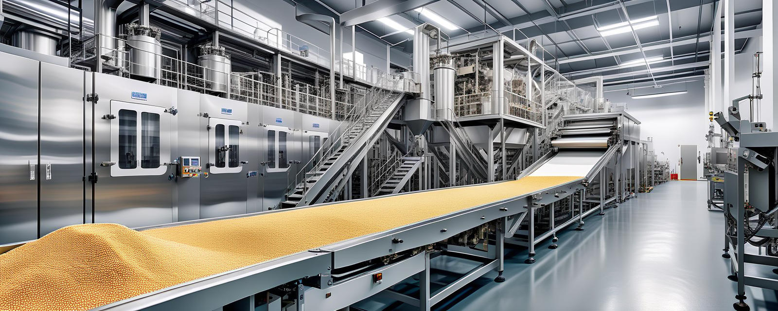  hdr photo of production line at the plant for the production of dry food for cats and dogs. white walls new equipment . high dynamic range, vivid, rich details, clear shadows and highlights, realistic, intense, enhanced contrast, highly detailed, perfect hands