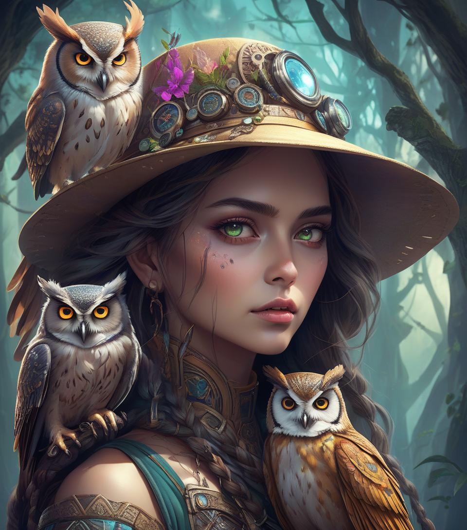  concept art a close up of a woman with a hat and owl, beautiful fantasy art portrait, beautiful fantasy portrait, very beautiful fantasy art, digital art fantasy art, beautiful fantasy art, cyberpunk angry gorgeous druid, colorfull digital fantasy art, digital art fantasy, digital fantasy art ), with an owl on her shoulder, psytrance artwork, amazing fantasy art, highly detailed fantasy art . digital artwork, illustrative, painterly, matte painting, highly detailed