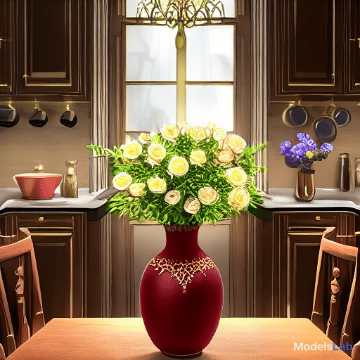  painting of a flower vase on a kitchen table with a window in the backdrop. hyperrealistic, full body, detailed clothing, highly detailed, cinematic lighting, stunningly beautiful, intricate, sharp focus, f/1. 8, 85mm, (centered image composition), (professionally color graded), ((bright soft diffused light)), volumetric fog, trending on instagram, trending on tumblr, HDR 4K, 8K