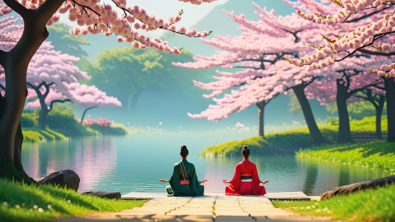  a serene landscape featuring a tranquil lotus pond, vibrant green foliage, and a person meditating under a blooming cherry blossom tree, symbolizing balance, harmony, and interconnectedness in holistic wellness. hyperrealistic, full body, detailed clothing, highly detailed, cinematic lighting, stunningly beautiful, intricate, sharp focus, f/1. 8, 85mm, (centered image composition), (professionally color graded), ((bright soft diffused light)), volumetric fog, trending on instagram, trending on tumblr, HDR 4K, 8K