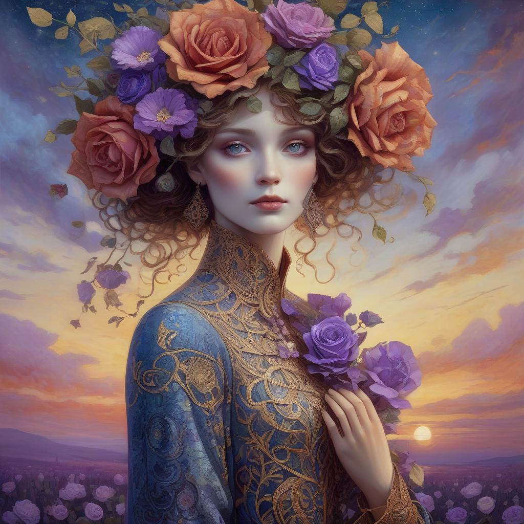  surrealist art a close up full body portrait of an stylish beautiful woman dressed in klimt style with a beautiful and very detailed face,style of jean baptiste monge, van gogh style, so many kind of flowers ,roses, klimt style. sunset. background, masterpiece, use shades of purple , blue, red and green best quality, super detailed, high resolution, very detailed, 8k uhd, realistic, (natural light), amazing, fine details, best, high quality, raw photo. arte nova. ember filigree and lace. . dreamlike, mysterious, provocative, symbolic, intricate, detailed