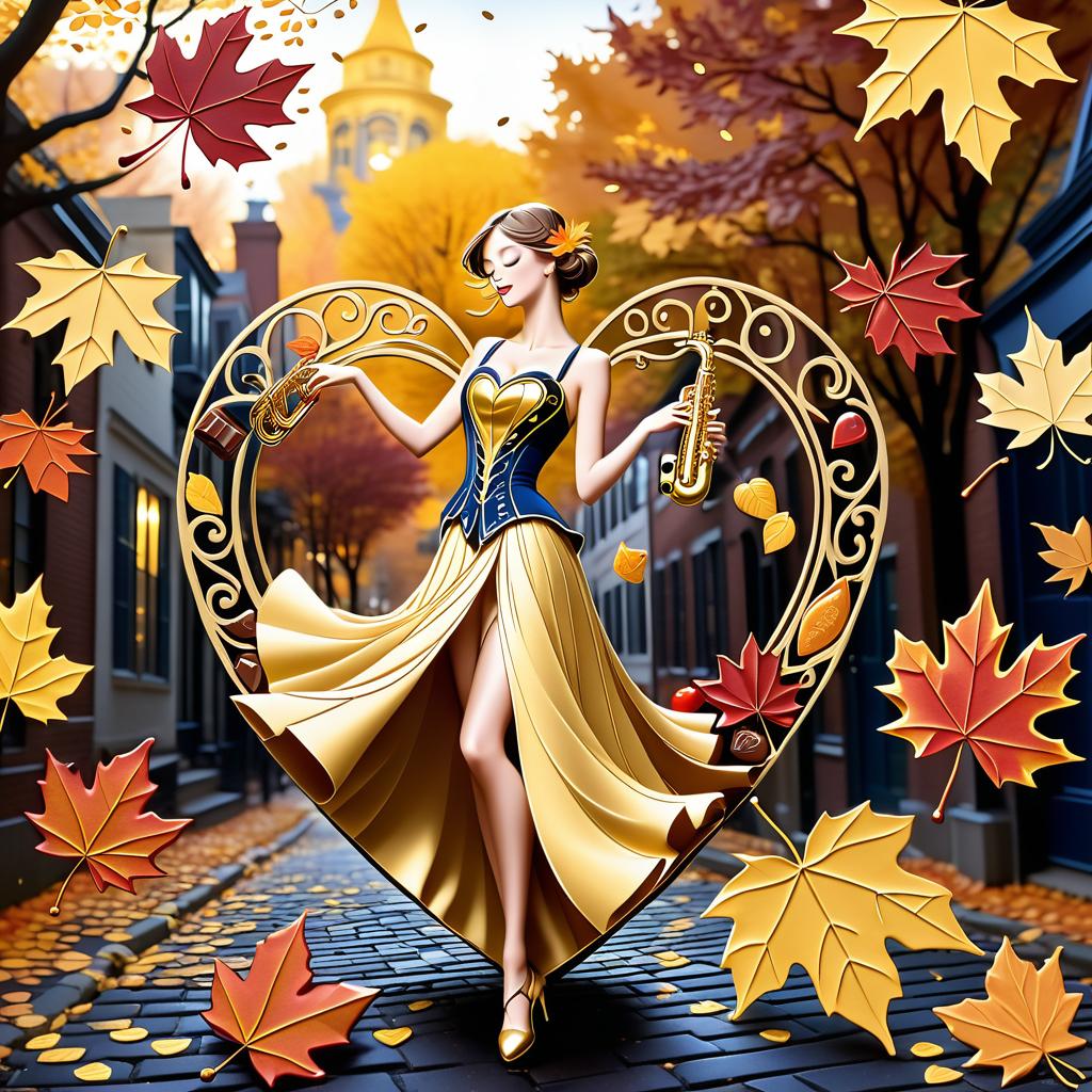  fairy tale on a carpet of yellow leaves in a simple dress of wind given crepe autumn danced a waltz boston in an alleyway. the warm day flew away and the saxophone sang hoarsely. (background of the card): falling autumn leaves, a whirlwind of autumn leaves, wind saxophone, ((a box of chocolates, the inscription "autumn waltz")) , a greeting card. (heart), a beautiful figure made of contours in the shape of a heart. (heart colour): night sky background, stars, gold pattern. (style):fantasy, autumn art, autumn romance. (colours):gold, green gold, navy blue, red, red gold, brown gold, silver, golden blue, bluish blue, dark blue on gold . magical, fantastical, enchanting, storybook style, highly detailed