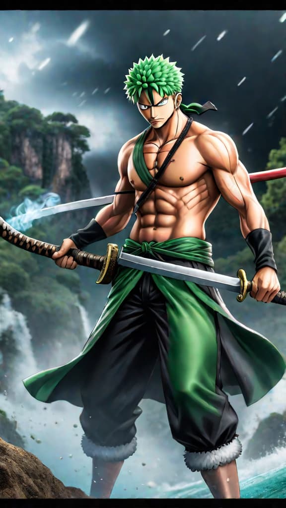  visualize zoro from one piece, struggling in a fierce battle as sandai kitetsu's curse threatens to take over. hyperrealistic, full body, detailed clothing, highly detailed, cinematic lighting, stunningly beautiful, intricate, sharp focus, f/1. 8, 85mm, (centered image composition), (professionally color graded), ((bright soft diffused light)), volumetric fog, trending on instagram, trending on tumblr, HDR 4K, 8K