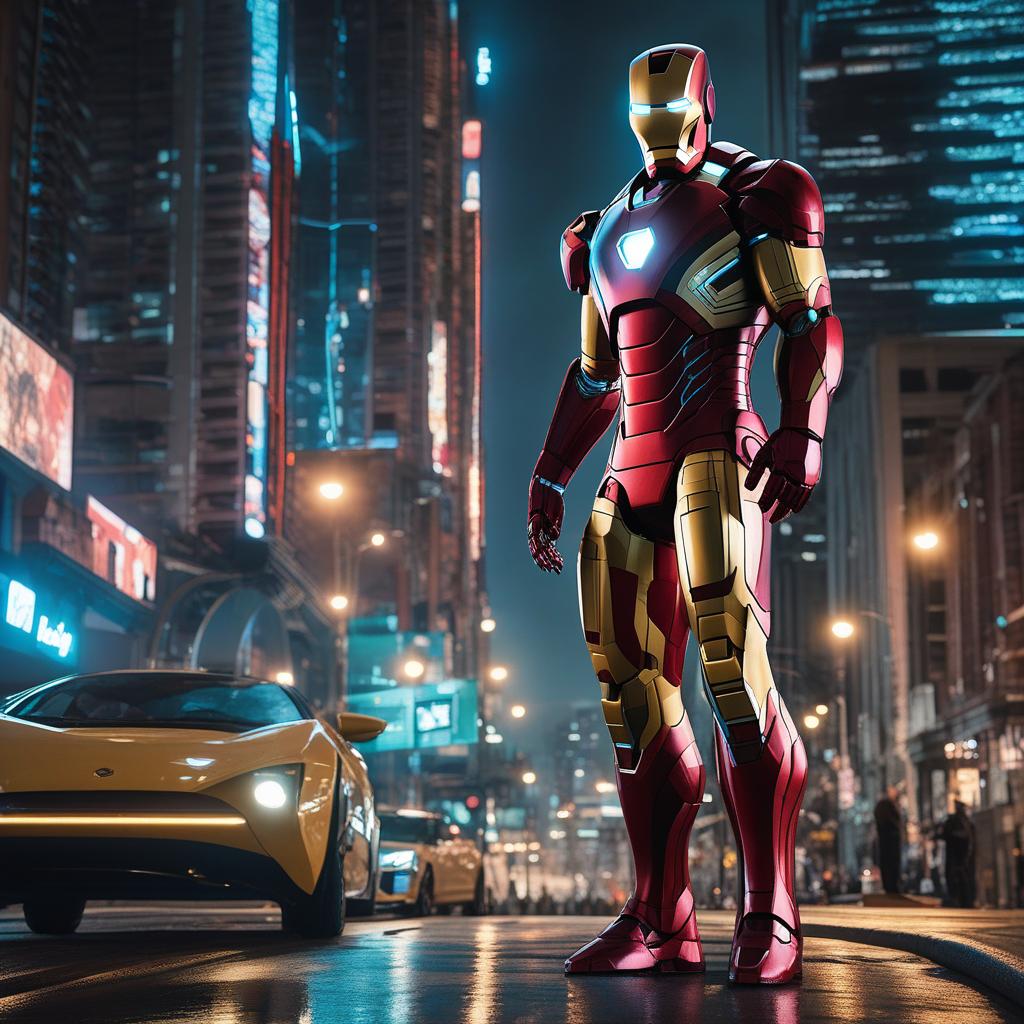  masterpiece, best quality, Best quality, masterpiece, 8k resolution, realistic, highly detailed, close up of Iron Man. In a cyberpunk-style night scene of the city, he stands on a street lined with tall buildings. The city's night lights are bright, The surrounding buildings and streets are filled with cyberpunk elements such as neon lights, high-tech devices, and futuristic architectural designs.