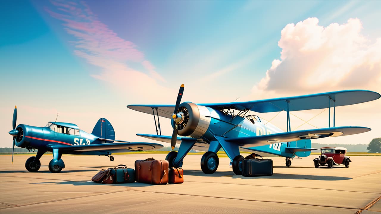  a vintage 1920s airfield scene with a sleek biplane on the tarmac, surrounded by well dressed passengers, luggage piled nearby, and classic cars parked in the background, under a clear blue sky. hyperrealistic, full body, detailed clothing, highly detailed, cinematic lighting, stunningly beautiful, intricate, sharp focus, f/1. 8, 85mm, (centered image composition), (professionally color graded), ((bright soft diffused light)), volumetric fog, trending on instagram, trending on tumblr, HDR 4K, 8K