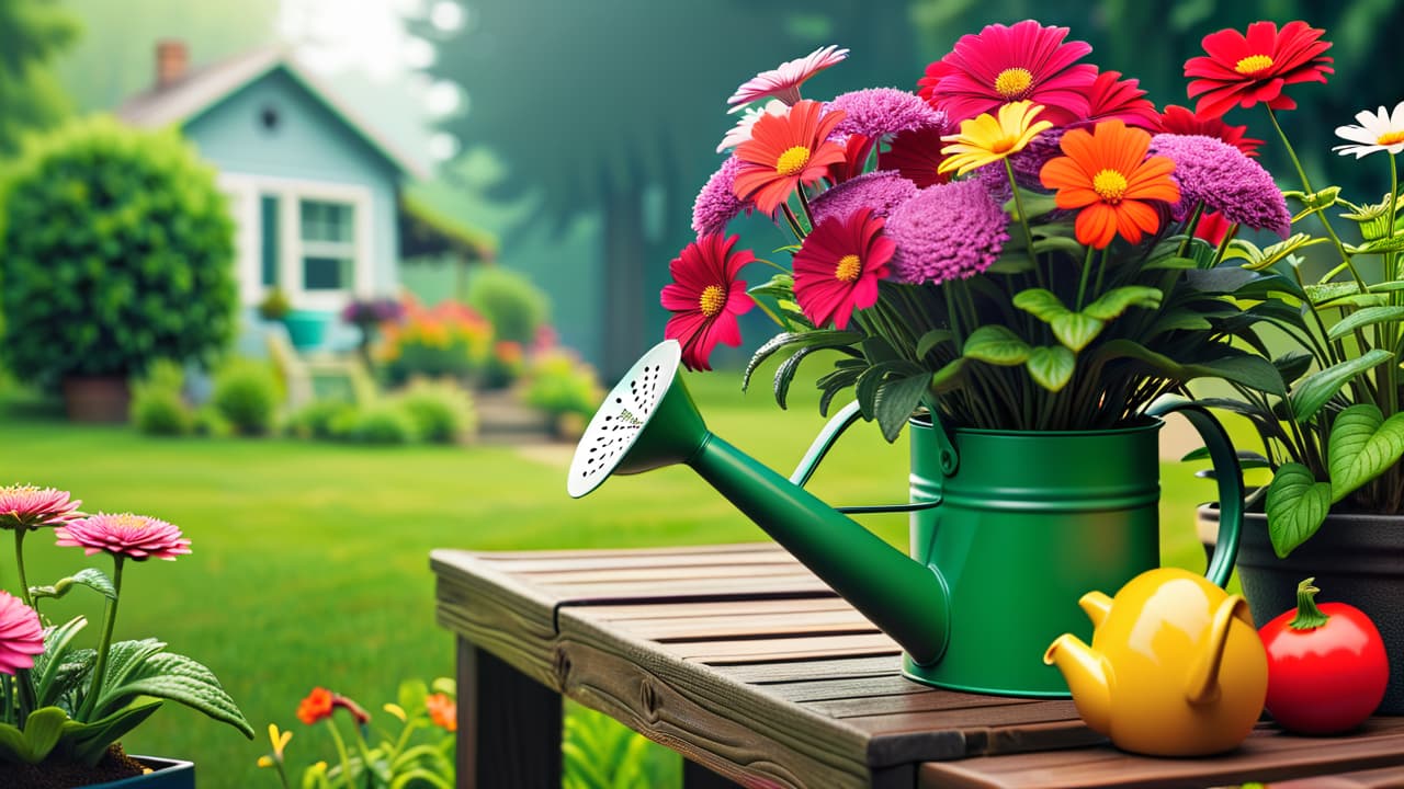  a vibrant garden scene showcasing a variety of gardening gifts: a colorful watering can, hand tools nestled in soil, seed packets, potted herbs, and a cozy garden bench surrounded by blooming flowers and lush greenery. hyperrealistic, full body, detailed clothing, highly detailed, cinematic lighting, stunningly beautiful, intricate, sharp focus, f/1. 8, 85mm, (centered image composition), (professionally color graded), ((bright soft diffused light)), volumetric fog, trending on instagram, trending on tumblr, HDR 4K, 8K