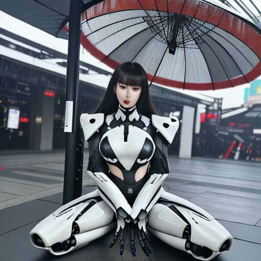  beautiful chinese wearing white and black mecha armor, full body photo with long hair, sitting on the ground holding an umbrella in her hand, in the style of cyberpunk, with a futuristic robot design and mecha armor details, to waist ratio of 3/4, full body photo, in the style of cyberpunk.