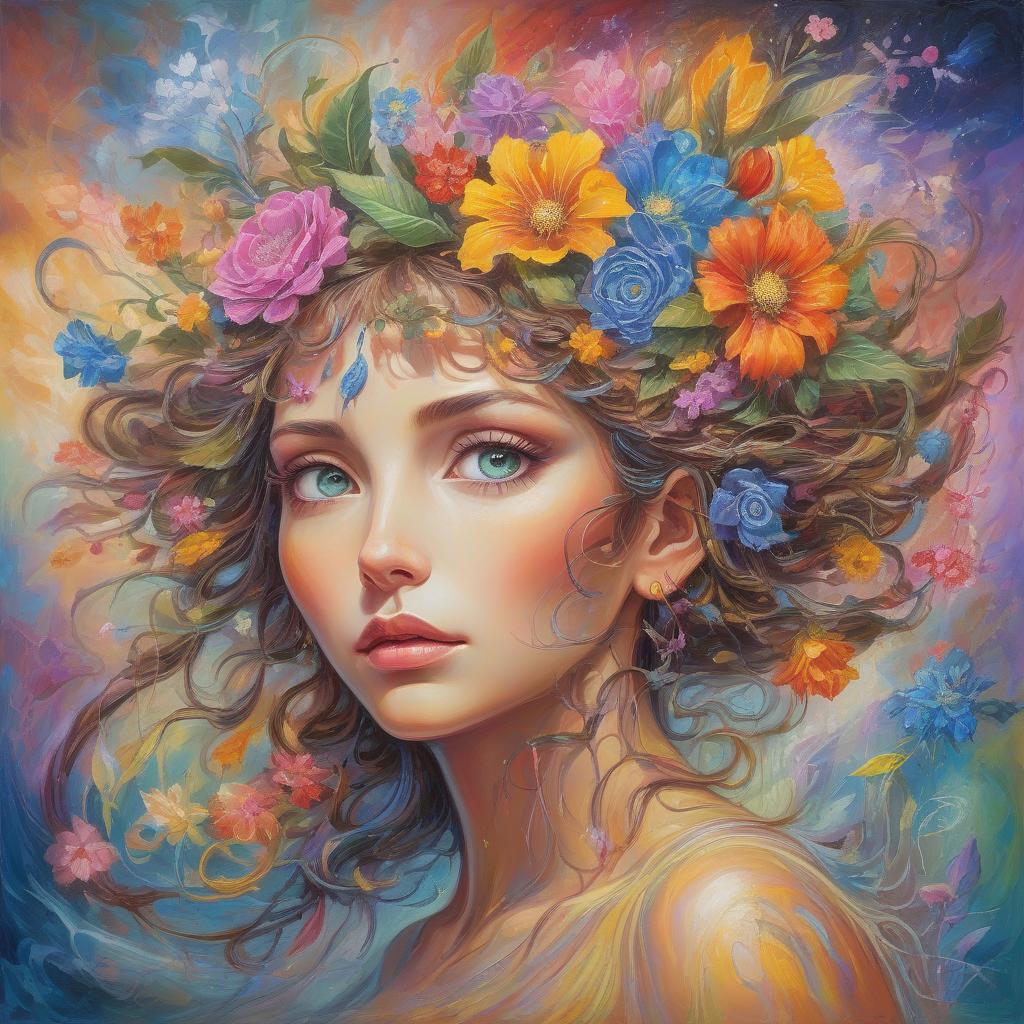  abstract expressionist painting a painting of a woman with flowers in her hair, beautiful fantasy art portrait, beautiful fantasy portrait, beautiful fantasy painting, colorfull digital fantasy art, beautiful detailed fantasy, very beautiful fantasy art, beautiful fantasy art, inspired by josephine wall, romanticism art style, intricate fantasy painting, highly detailed fantasy art, anime art nouveau cosmic display, . energetic brushwork, bold colors, abstract forms, expressive, emotional