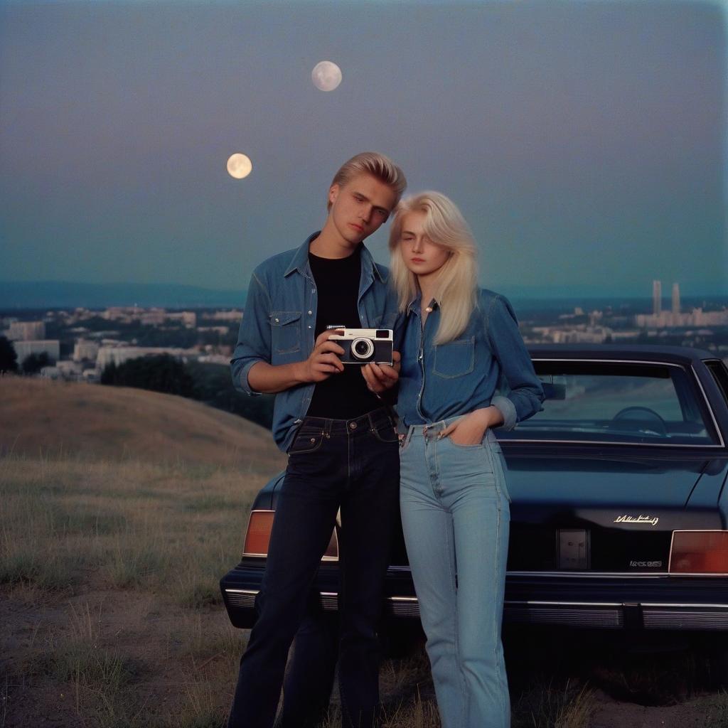  analog film photo a platinum blonde girl takes pictures on a polaroid in a black shirt and stands next to a blonde guy in a denim shirt, standing by a black car, a view from a hill, in the background the city, the time of dusk, a full light moon, the style of the 80 90s. . faded film, desaturated, 35mm photo, grainy, vignette, vintage, kodachrome, lomography, stained, highly detailed, found footage