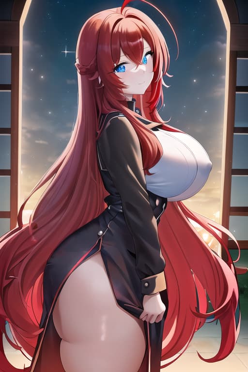  no ,masterpiece, best quality, 1women, long red hair, looking at viewer, :3, cute, black uniform, outdoors, streets, cow shot, curvy, (((blue eyes))), rias gremory, red hair, antenna hair, wavy hair, ((beautiful detailed eyes, beautiful detailed glow, lots of glow)), anime screencap