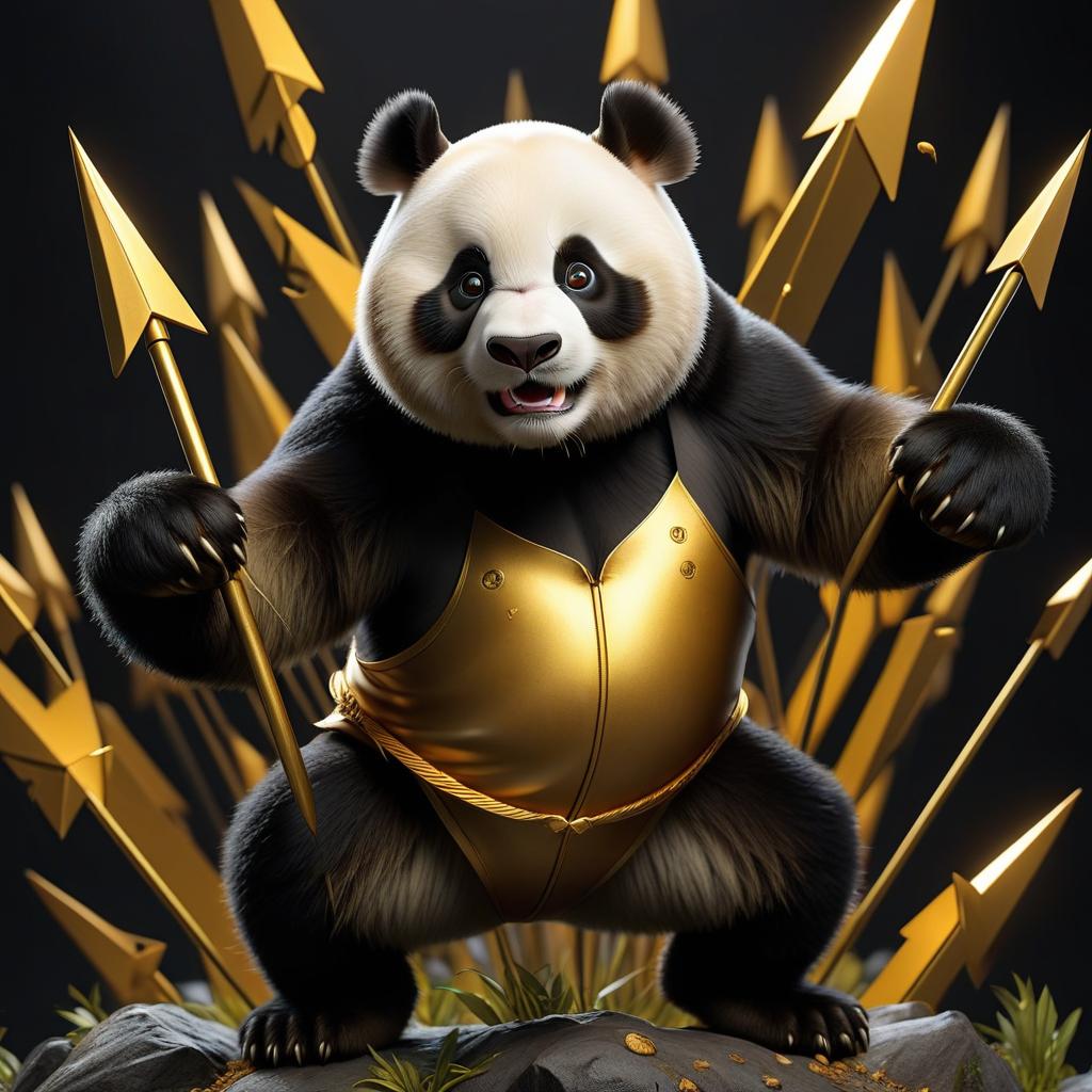  create a golden colored picture in the center a cartoon brutal panda on the side arrows pointing the course up and down on a black background hyperrealistic, full body, detailed clothing, highly detailed, cinematic lighting, stunningly beautiful, intricate, sharp focus, f/1. 8, 85mm, (centered image composition), (professionally color graded), ((bright soft diffused light)), volumetric fog, trending on instagram, trending on tumblr, HDR 4K, 8K