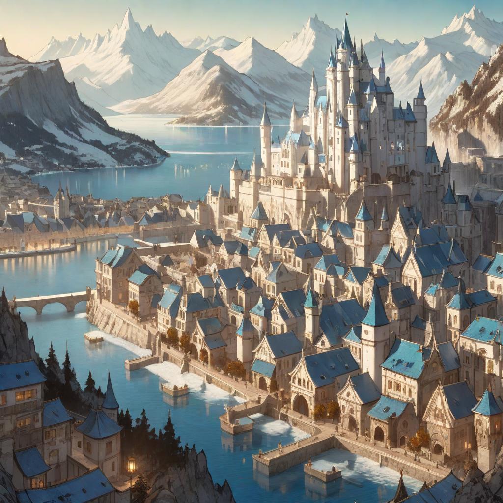  manga artwork city with white houses and blue roofs, it has a big castle in a terrace and a great lake in the background, with icy moutains. anime rpg style . manga artist. manga, highly emotional. best quality, high resolution