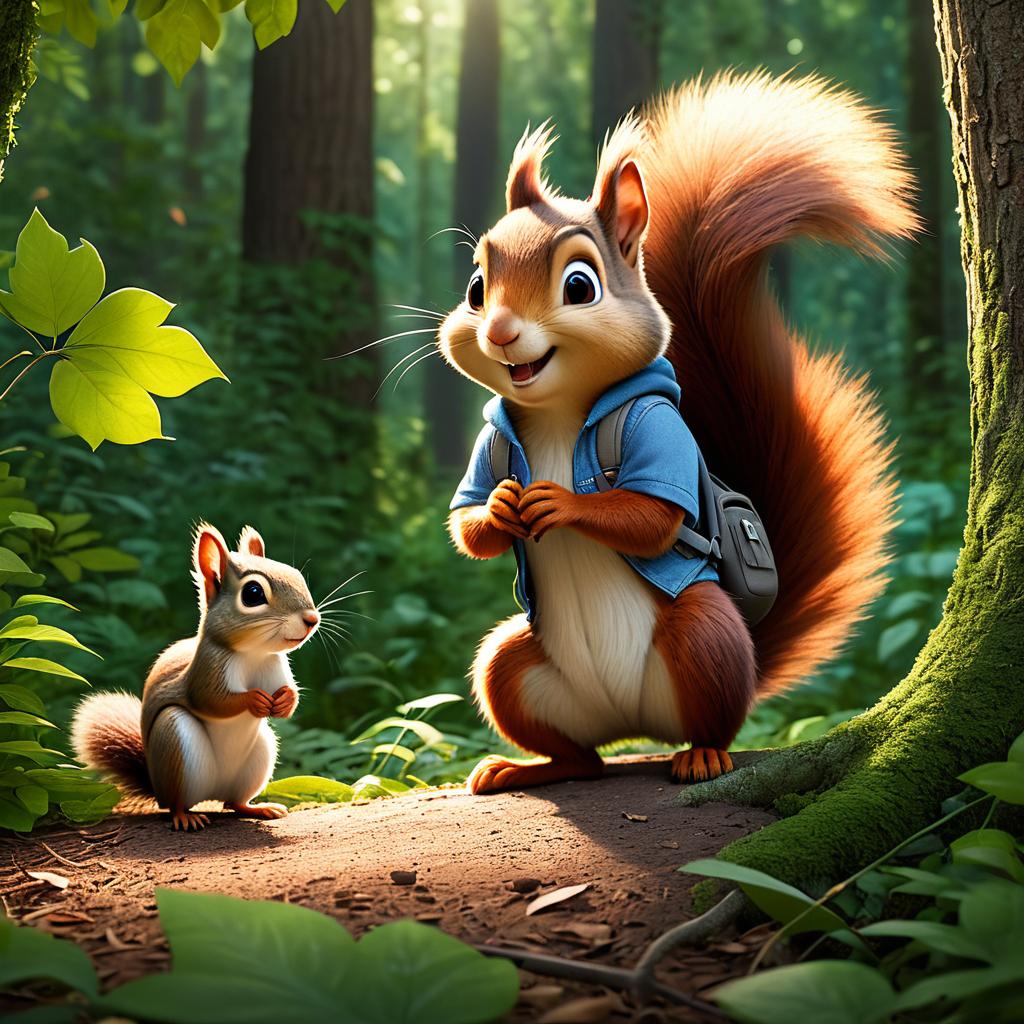  in 3d animated movie style. disney pixar style. arham, a old with a curious and kind hearted personality, in his blue t shirt and denim shorts, accompanied by the friendly squirrel, a character needing help, in a lush green forest with tall trees, bushes, sunlight filtering through leaves. high resolution, detailed rendering with vint colors and lifelike textures. bright, soft lighting creates a warm, inviting atmosphere, emphasizing their bond. low angle framing to highlight the forest's height and the squirrel's small size, enhancing the emotional connection.