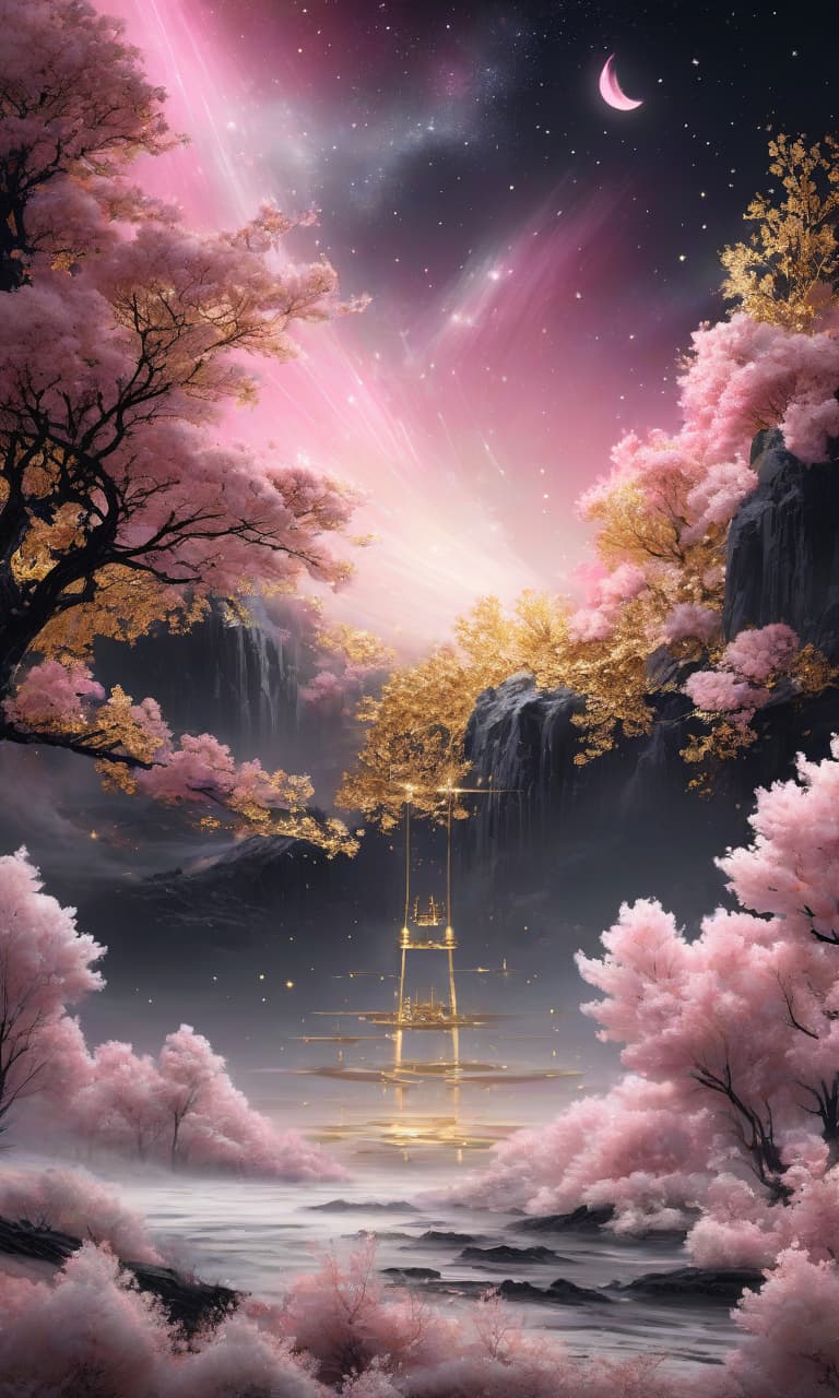  concept art color pink, white, black, gold night sky . digital artwork, illustrative, painterly, matte painting, highly detailed, perfect hands