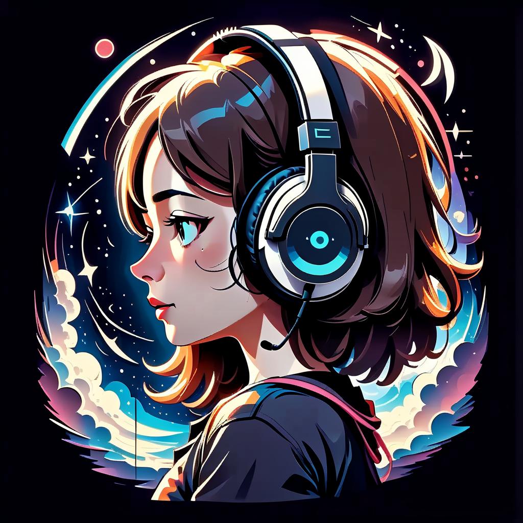  stacked papercut art of music gives a feeling of lightness and helps to plunge into the world of dreams. a girl in space. headphones. dark colors. 2d. dark. . 3d, layered, dimensional, depth, precision cut, stacked layers, papercut, high contrast, civitai, t shirt design