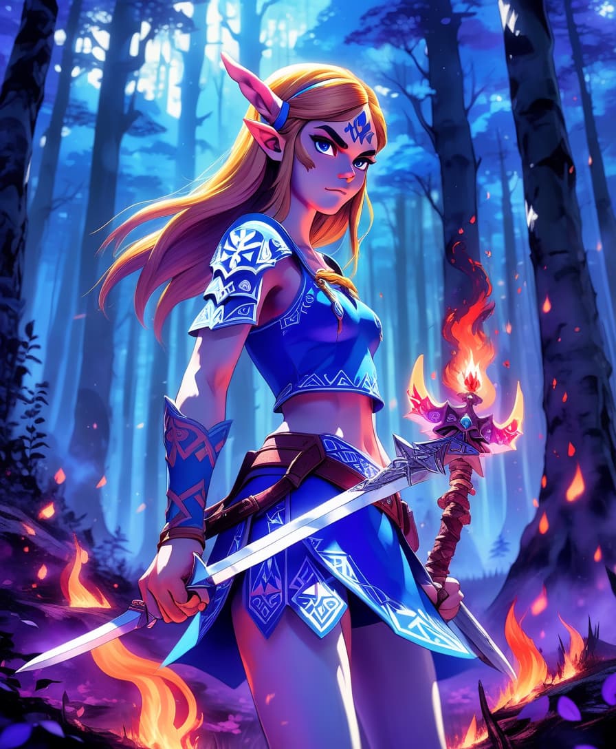  legend of zelda style a fiery girl demon with a sword in his hand, in the background a mysterious forest, purple blue blue white colors . vibrant, fantasy, detailed, epic, heroic, reminiscent of the legend of zelda series