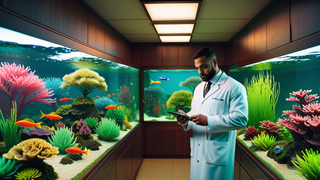  a serene aquarium scene showcasing a variety of vibrant fish, with a person in a lab coat carefully examining water samples, surrounded by lush aquatic plants and colorful corals, emphasizing the art of fishkeeping. hyperrealistic, full body, detailed clothing, highly detailed, cinematic lighting, stunningly beautiful, intricate, sharp focus, f/1. 8, 85mm, (centered image composition), (professionally color graded), ((bright soft diffused light)), volumetric fog, trending on instagram, trending on tumblr, HDR 4K, 8K