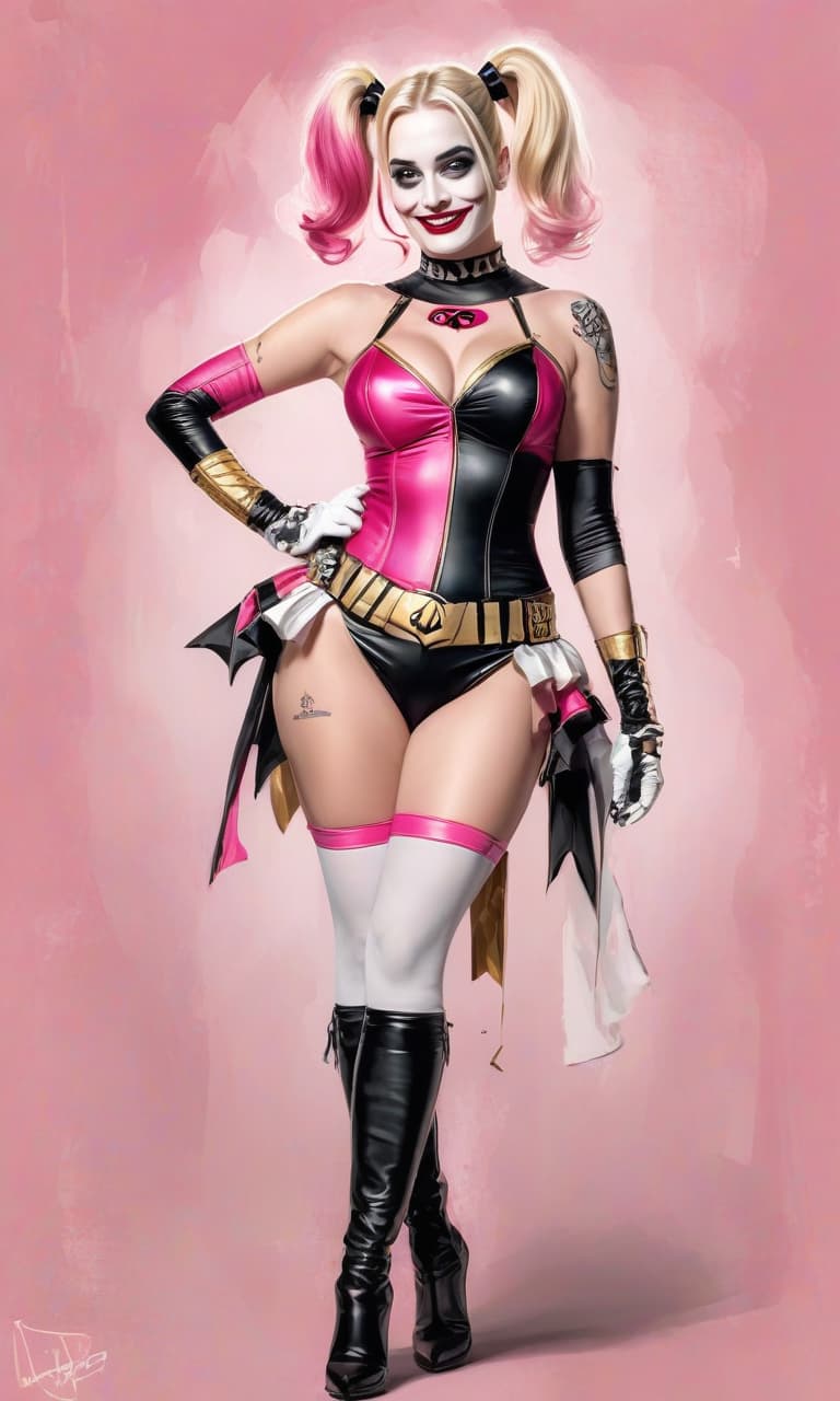  concept art pink, gold, black, white margot robbins as harley quinn costume . digital artwork, illustrative, painterly, matte painting, highly detailed, perfect hands