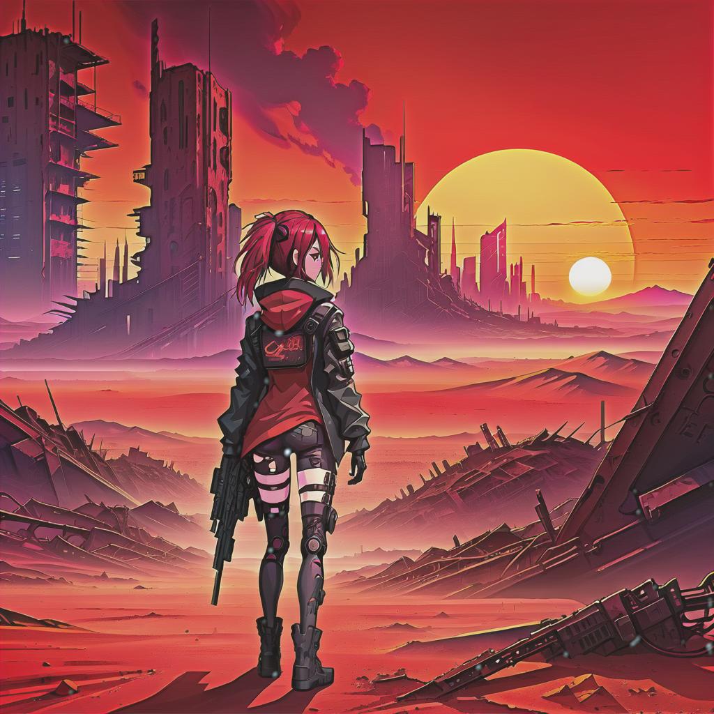  anime artwork high quality image of post apocalyptic landscape, woman standing, in a cyberpunk clothes, the red sunset on the backround with a cyberpunk ruined buildings, in a red desert, cyberpunk art, anime style . anime style, key visual, vibrant, studio anime, highly detailed