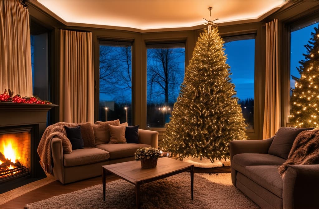  professional detailed photography, cozy living room with panoramic windows decorated for christmas with a large christmas tree, a sofa with a blanket and a fireplace in the corner ar 3:2, (muted colors, dim colors, soothing tones), (vsco:0.3)