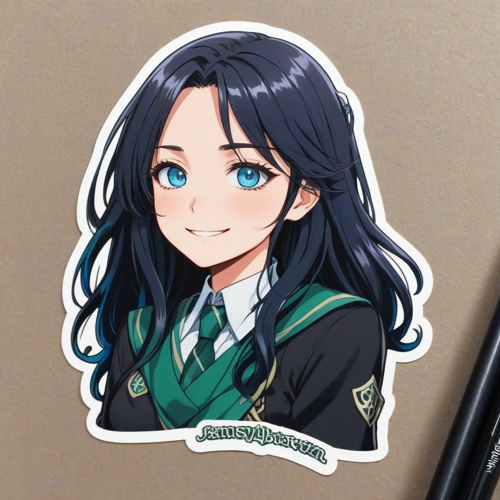  anime artwork girl, long black hair, blue eyes, shape of slytherin. smile, sticker . anime style, key visual, vibrant, studio anime, highly detailed