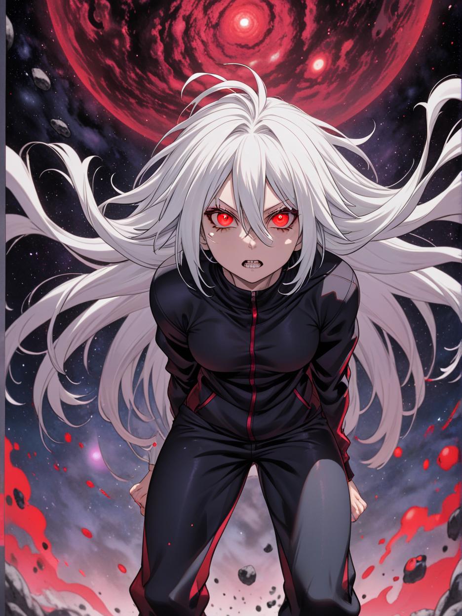  manga artwork satoru gojo, jujutsu kaisen, woman version, beautiful woman with large length white hair, red galaxy eyes. revealing his deep red eyes, skinny black clothing, baggy sweatpants. futuristic base background, hyper realistic atmospheres, details, 8k. manga artist. manga, highly emotional. best quality, high resolution