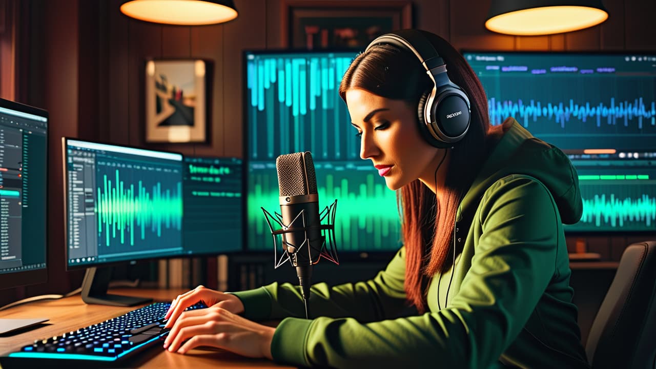  a cozy podcast studio with a soundboard, microphones, and headphones. a producer is seen analyzing audio waves on a computer screen, surrounded by notes and coffee, capturing the essence of professional podcast production. hyperrealistic, full body, detailed clothing, highly detailed, cinematic lighting, stunningly beautiful, intricate, sharp focus, f/1. 8, 85mm, (centered image composition), (professionally color graded), ((bright soft diffused light)), volumetric fog, trending on instagram, trending on tumblr, HDR 4K, 8K