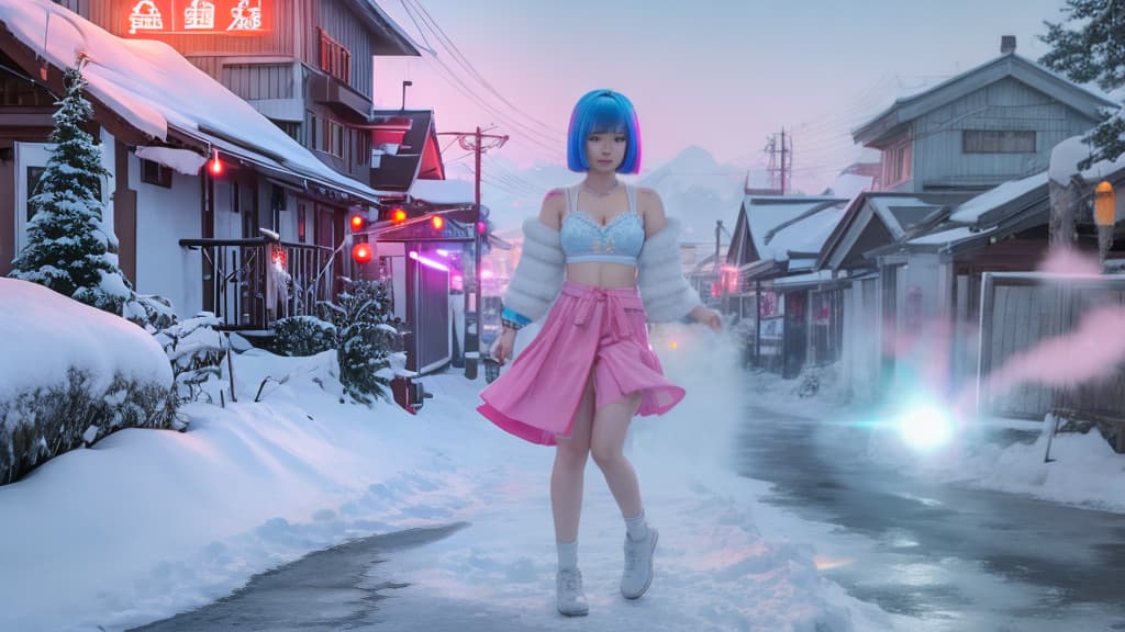  photo of a Thai female, skyblue Bob cut with pink highlights, white bra, white pantie with red waistband, colorful tattoos, snowy village, Christmas, Unreal Engine 5, hyperrealistic, full body, highly detailed, cinematic lighting, intricate, sharp focus, f/1. 8, 85mm, (centered image composition), (professionally color graded), ((bright soft diffused light)), volumetric fog, trending on instagram, HDR 4K, 8K