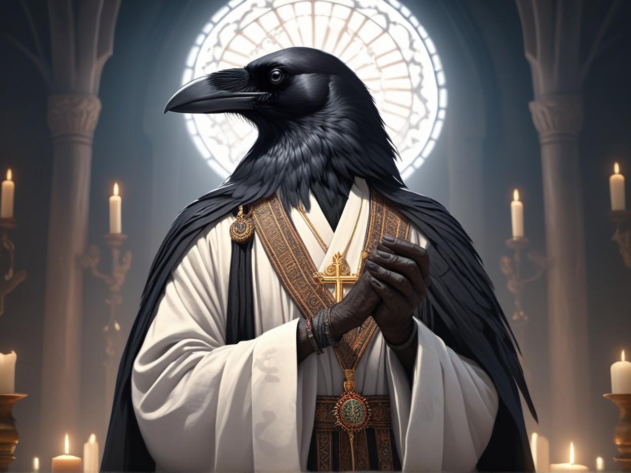  a crow man wearing a robe is holding a holy libram in his black crow hands while standing at an altar, high quality, high details, hd, perfect composition, 4k epic detailed, highly detailed, sharp focus, high resolution