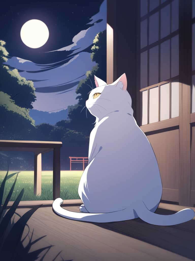  1cat ,japanese cat,nature,animal focus,looking outside from the japanese style room,cosmos field ,cat sitting on the porch ,cosmos field,full moon night,