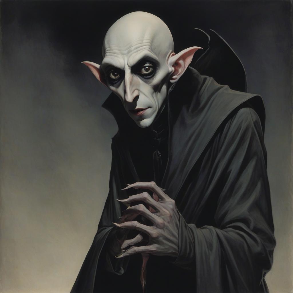  nosferatu, pale, bald, male, with sharp claws and a large hooked nose