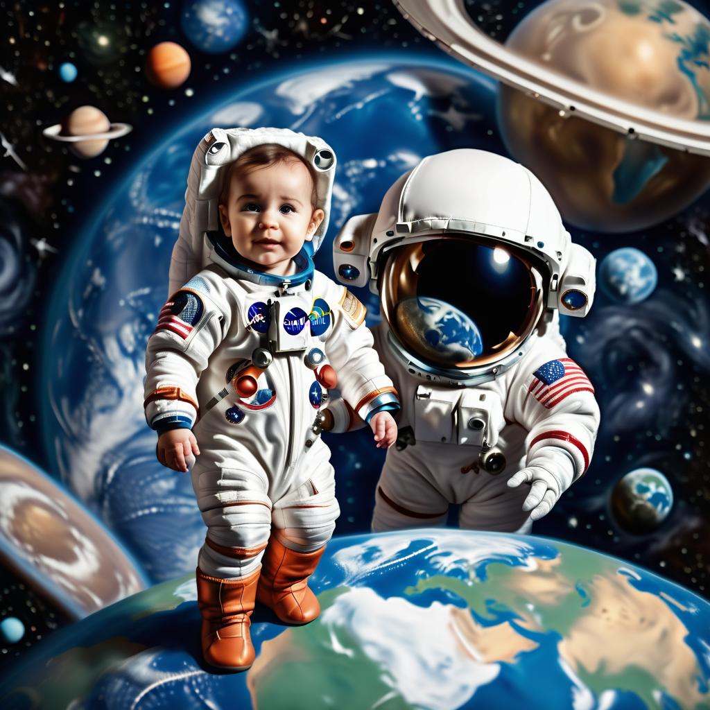  astronaut baby stands opposite planet earth